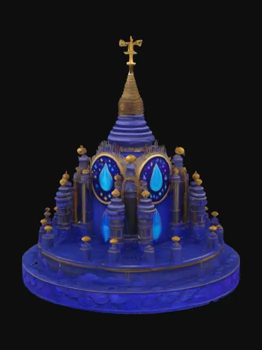 3D model for In the center is the government symbol of Cosmopolis, which blends medieval bas-relief aesthetics with psychedelic surrealism, encrusted with glowing blue-violet jewels and flanked by stars and clouds in irregular shapes., #emblem#