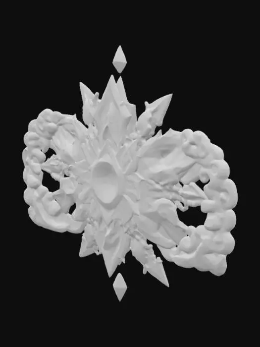 3D model for In the center is the government symbol of Cosmopolis, which blends medieval bas-relief aesthetics with psychedelic surrealism, encrusted with glowing blue-violet jewels and flanked by stars and clouds in irregular shapes., #emblem#