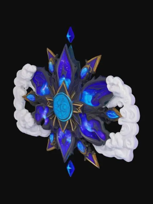 3D model for In the center is the government symbol of Cosmopolis, which blends medieval bas-relief aesthetics with psychedelic surrealism, encrusted with glowing blue-violet jewels and flanked by stars and clouds in irregular shapes., #emblem#