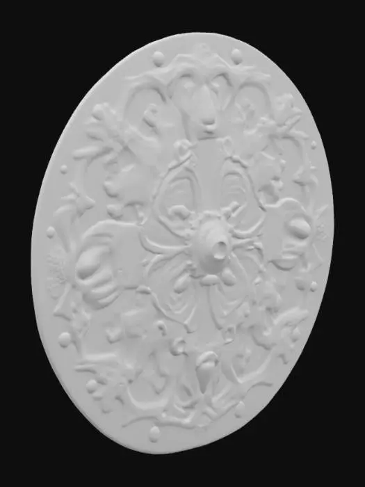 3D model for In the center is the government symbol of Sky City, a blend of medieval bas-relief aesthetics and psychedelic surrealism, encrusted with glowing gemstones and flanked by symmetrical arms in irregular shapes., #emblem#