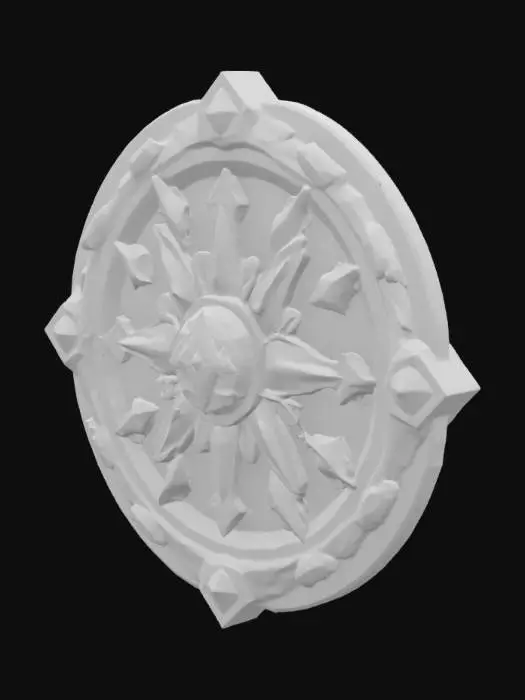 3D model for In the center is the government symbol of Sky City, a blend of medieval bas-relief aesthetics and psychedelic surrealism, encrusted with glowing gemstones and flanked by symmetrical arms in irregular shapes., #emblem#