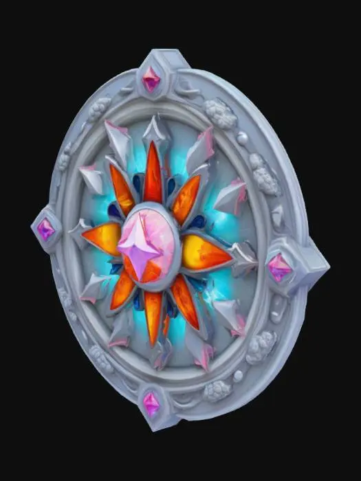 3D model for In the center is the government symbol of Sky City, a blend of medieval bas-relief aesthetics and psychedelic surrealism, encrusted with glowing gemstones and flanked by symmetrical arms in irregular shapes., #emblem#