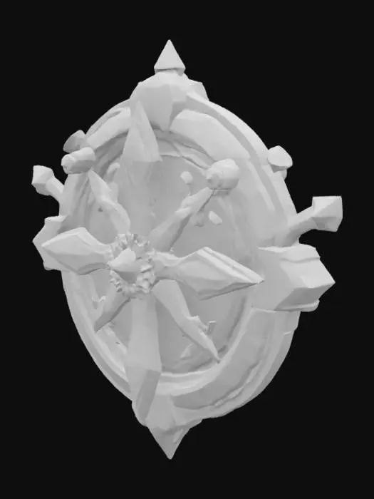 3D model for In the center is the government symbol of the City in the Sky, a blend of medieval enamel relief aesthetics and psychedelic surrealism, set with glowing jewels and flanked by symmetrical swords of irregular shape., #emblem#