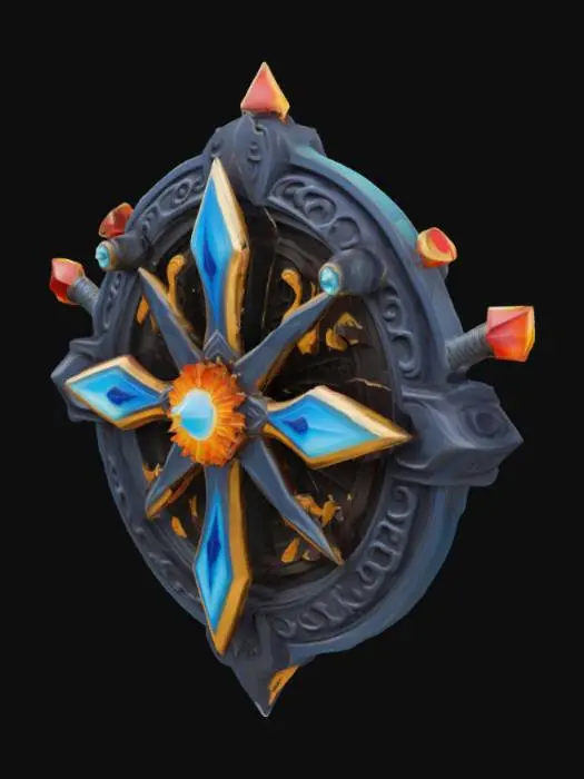 3D model for In the center is the government symbol of the City in the Sky, a blend of medieval enamel relief aesthetics and psychedelic surrealism, set with glowing jewels and flanked by symmetrical swords of irregular shape., #emblem#