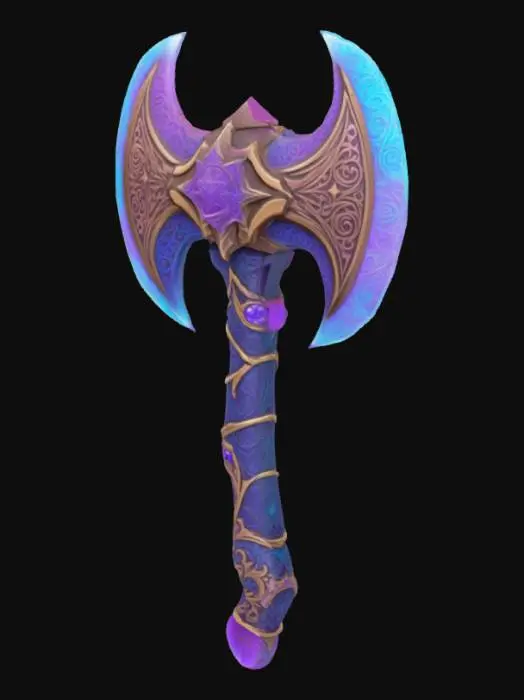 3D model for The object is a stylized double-headed axe with a symmetrical, angular design featuring vibrant blue, pink, and purple hues, adorned with intricate gold patterns and a glowing, cosmic background., 