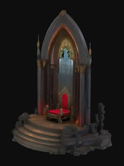 3D model for Soaring arch-back structure with gemstone motifs on ribs, onyx-inlaid throne base with light effects seeping out of cracks, 
botanical stone Arches, archways, glowing stained glass and gemstones, deep bold lines and edges, play assets
