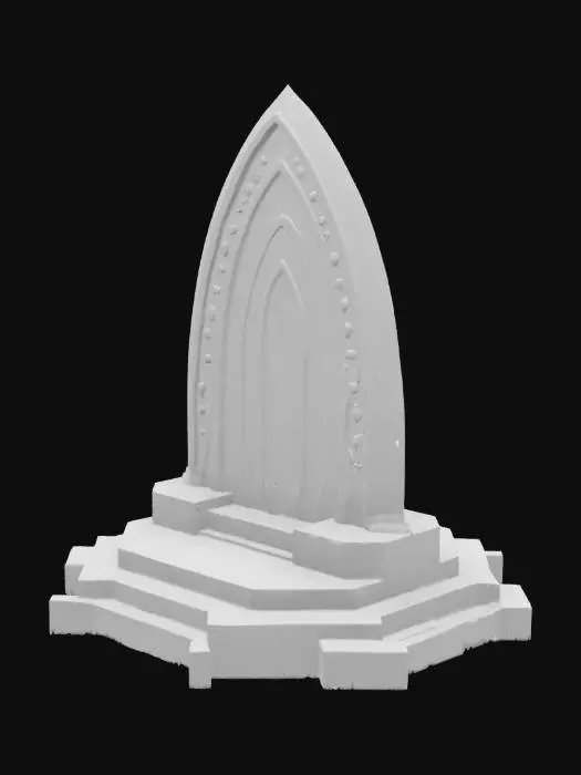 3D model for Soaring obsidian arch-back structure with gemstone patterns on ribs, onyx-inlaid throne base, light effects seeping out of cracks, botanical stone Arches, archways, glowing stained glass and gemstones, deep bold lines and edges, play assets