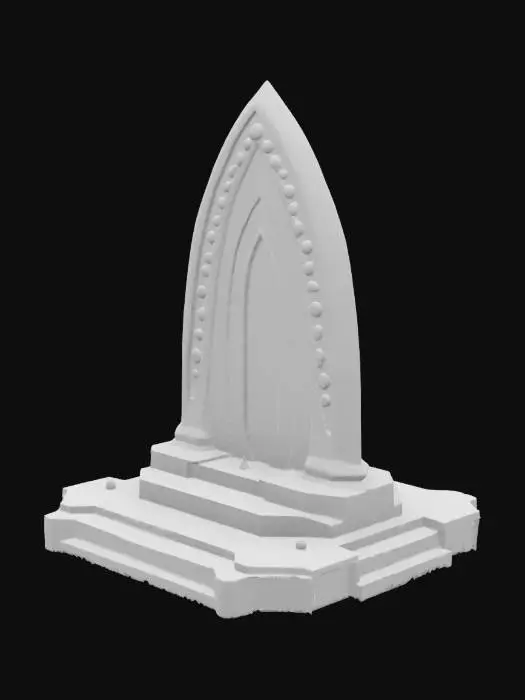 3D model for Soaring obsidian arch-back structure with gemstone patterns on ribs, onyx-inlaid throne base, light effects seeping out of cracks, botanical stone Arches, archways, glowing stained glass and gemstones, deep bold lines and edges, play assets