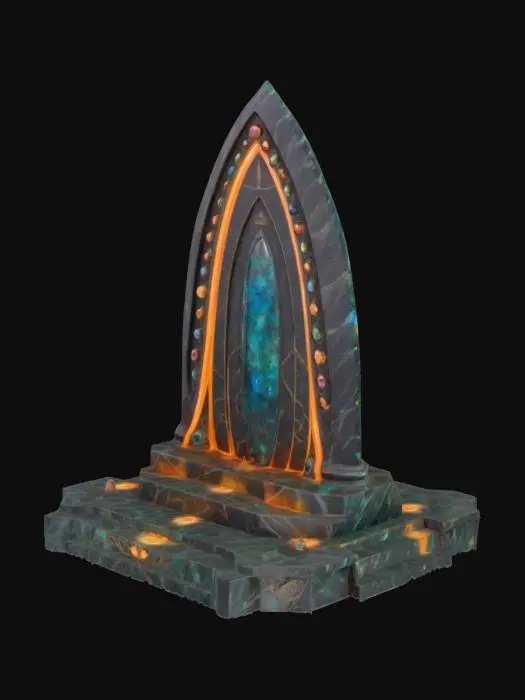 3D model for Soaring obsidian arch-back structure with gemstone patterns on ribs, onyx-inlaid throne base, light effects seeping out of cracks, botanical stone Arches, archways, glowing stained glass and gemstones, deep bold lines and edges, play assets