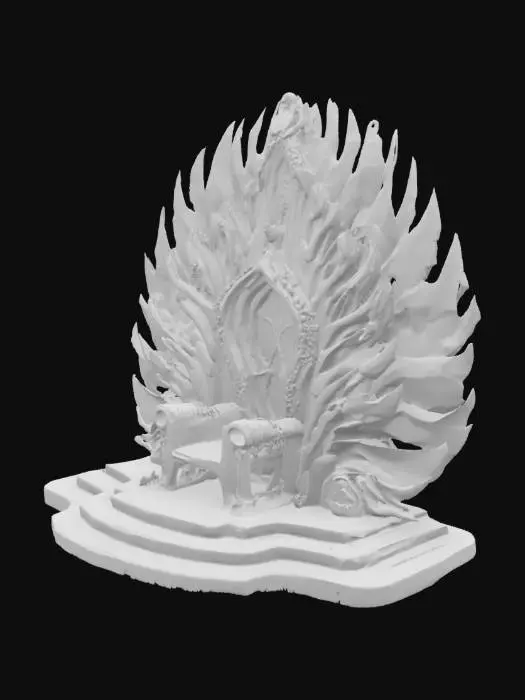 3D model for Soaring obsidian arch-back structure with gemstone patterns on ribs, onyx-inlaid throne base, light effects seeping out of cracks, botanical stone Arches, archways, glowing stained glass and gemstones, deep bold lines and edges, play assets