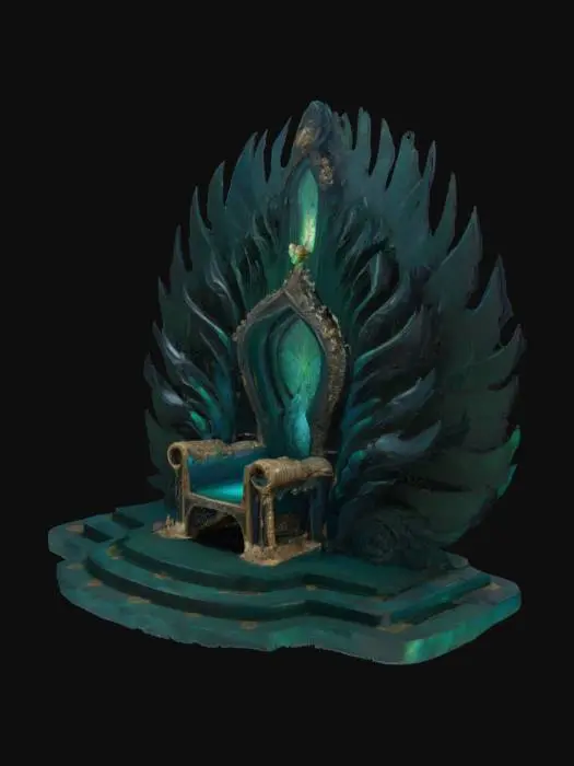 3D model for Soaring obsidian arch-back structure with gemstone patterns on ribs, onyx-inlaid throne base, light effects seeping out of cracks, botanical stone Arches, archways, glowing stained glass and gemstones, deep bold lines and edges, play assets