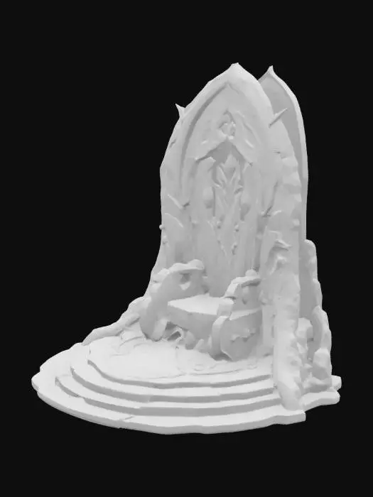 3D model for Soaring obsidian arch-back structure with gemstone patterns on ribs, onyx-inlaid throne base, light effects seeping out of cracks, botanical stone Arches, archways, glowing stained glass and gemstones, deep bold lines and edges, play assets