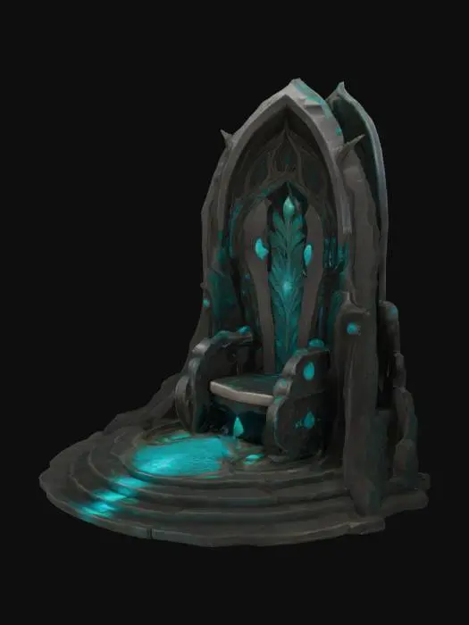 3D model for Soaring obsidian arch-back structure with gemstone patterns on ribs, onyx-inlaid throne base, light effects seeping out of cracks, botanical stone Arches, archways, glowing stained glass and gemstones, deep bold lines and edges, play assets
