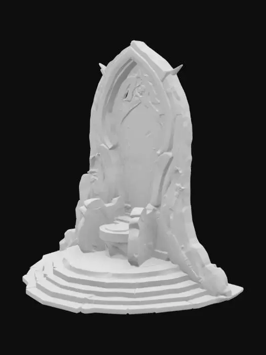 3D model for Soaring obsidian arch-back structure with gemstone patterns on ribs, onyx-inlaid throne base, light effects seeping out of cracks, botanical stone Arches, archways, glowing stained glass and gemstones, deep bold lines and edges, play assets