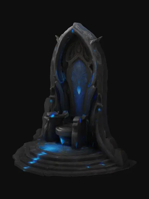 3D model for Soaring obsidian arch-back structure with gemstone patterns on ribs, onyx-inlaid throne base, light effects seeping out of cracks, botanical stone Arches, archways, glowing stained glass and gemstones, deep bold lines and edges, play assets