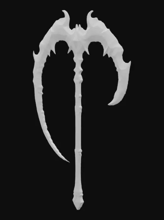 3D model for Double-edged arching scythe with a blade that curves so much that it almost forms a closed circular arch with a visually oppressive feel. The central structure is shaped like muscle tissue, stylized between an organic life form and a bony structure, diamond inlay, blue glowing electron streams around the edges of the model, gaming weapon, gaming asset, richly detailed 