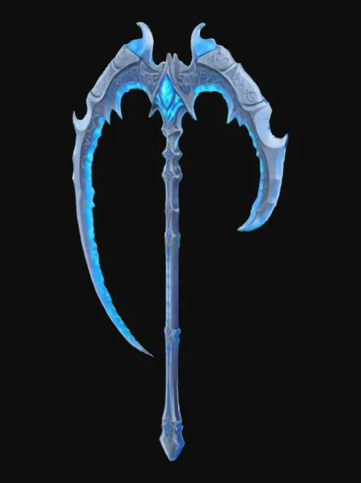 3D model for Double-edged arching scythe with a blade that curves so much that it almost forms a closed circular arch with a visually oppressive feel. The central structure is shaped like muscle tissue, stylized between an organic life form and a bony structure, diamond inlay, blue glowing electron streams around the edges of the model, gaming weapon, gaming asset, richly detailed 