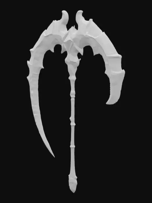 3D model for Double-edged arching scythe with a blade that curves so much that it almost forms a closed circular arch with a visually oppressive feel. The central structure is shaped like muscle tissue, stylized between an organic life form and a bony structure, diamond inlay, blue glowing electron streams around the edges of the model, gaming weapon, gaming asset, richly detailed 