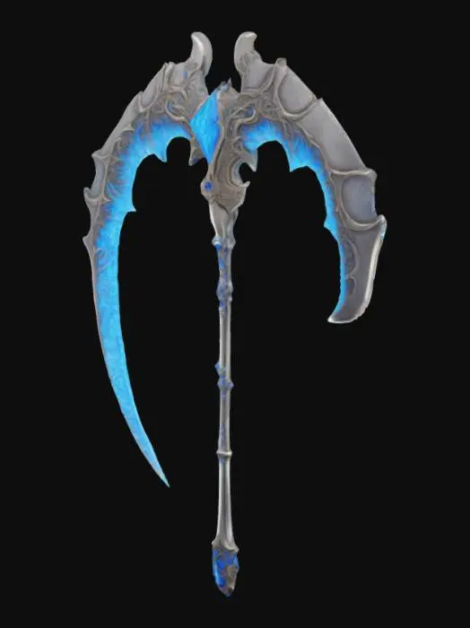 3D model for Double-edged arching scythe with a blade that curves so much that it almost forms a closed circular arch with a visually oppressive feel. The central structure is shaped like muscle tissue, stylized between an organic life form and a bony structure, diamond inlay, blue glowing electron streams around the edges of the model, gaming weapon, gaming asset, richly detailed 