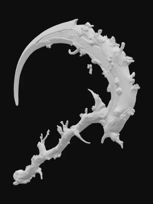 3D model for Double-edged arching scythe with a blade that curves so much that it almost forms a closed circular arch with a visually oppressive feel. The central structure is shaped like muscular tissue, entwined with plant vines, shaped between organic life forms and bony constructions, diamond inlay, game weapon, game asset, rich detail 