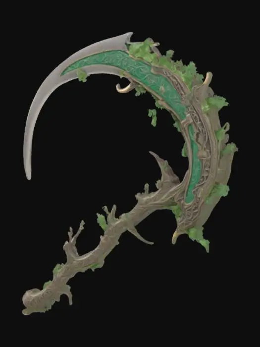 3D model for Double-edged arching scythe with a blade that curves so much that it almost forms a closed circular arch with a visually oppressive feel. The central structure is shaped like muscular tissue, entwined with plant vines, shaped between organic life forms and bony constructions, diamond inlay, game weapon, game asset, rich detail 