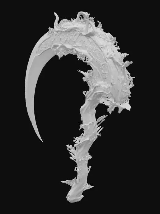 3D model for Double-edged arching scythe with a blade that curves so much that it almost forms a closed circular arch with a visually oppressive feel. The central structure is shaped like muscular tissue, entwined with plant vines, shaped between organic life forms and bony constructions, diamond inlay, game weapon, game asset, rich detail 