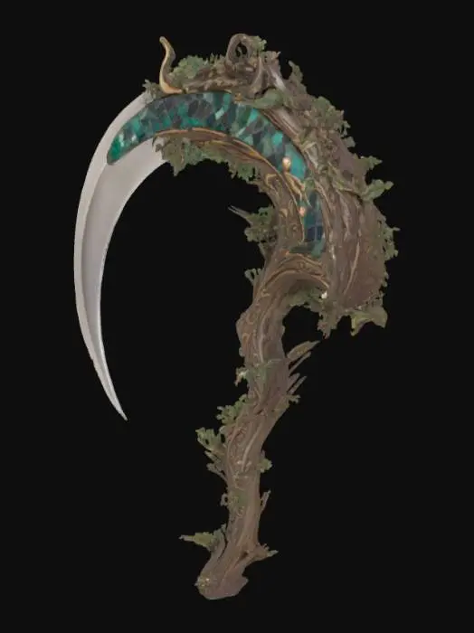 3D model for Double-edged arching scythe with a blade that curves so much that it almost forms a closed circular arch with a visually oppressive feel. The central structure is shaped like muscular tissue, entwined with plant vines, shaped between organic life forms and bony constructions, diamond inlay, game weapon, game asset, rich detail 
