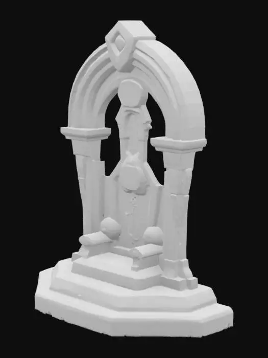 3D model for An arch-backed structure with a towering obsidian arch back, ribs inlaid with blue-violet gemstone patterns, and an onyx-embedded throne base with cracks oozing red magma light effects