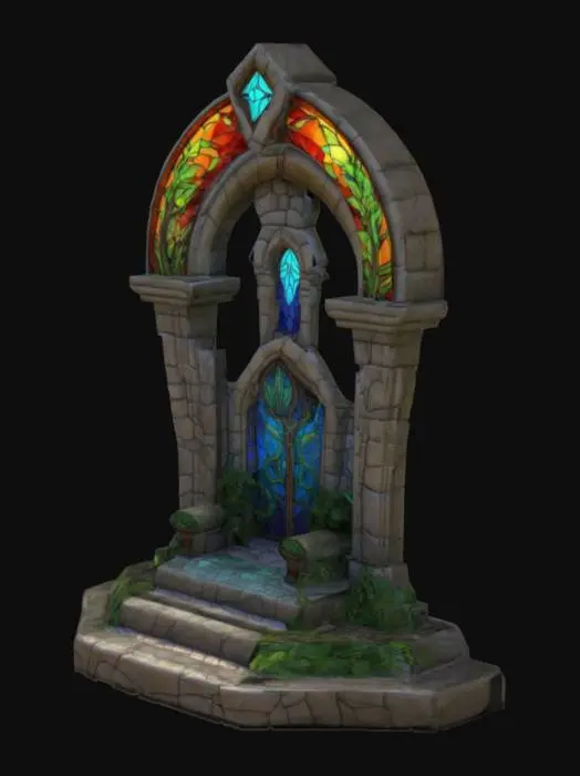 3D model for An arch-backed structure with a towering obsidian arch back, ribs inlaid with blue-violet gemstone patterns, and an onyx-embedded throne base with cracks oozing red magma light effects