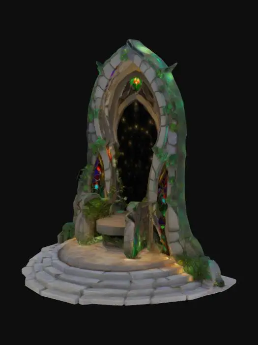 3D model for Soaring obsidian arch-back structure with gemstone patterns on ribs, onyx-inlaid throne base, light effects seeping out of cracks, botanical stone Arches, archways, glowing stained glass and gemstones, deep bold lines and edges, play assets