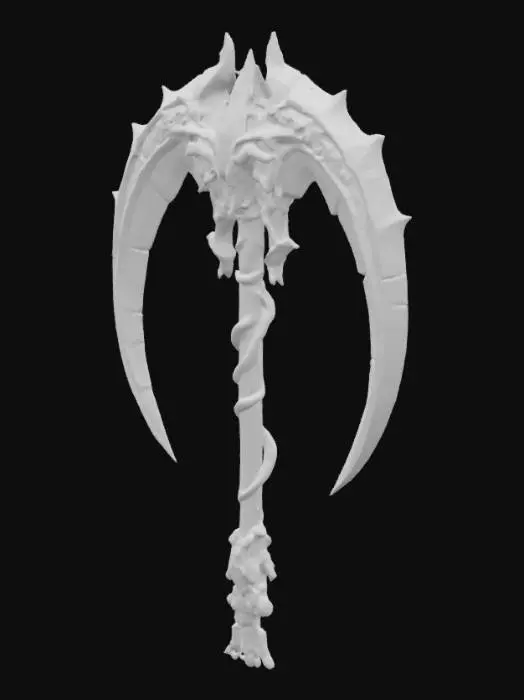 3D model for A double-edged arching broad scythe with a blade that curves so much that it almost forms a closed circular arch with a visually oppressive feel. The central structure is shaped like muscle tissue, and the shape is somewhere between an organic life form and a bony structure. game weapon, game asset, rich in details