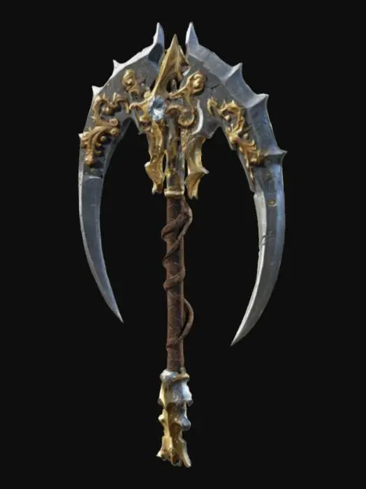 3D model for A double-edged arching broad scythe with a blade that curves so much that it almost forms a closed circular arch with a visually oppressive feel. The central structure is shaped like muscle tissue, and the shape is somewhere between an organic life form and a bony structure. game weapon, game asset, rich in details