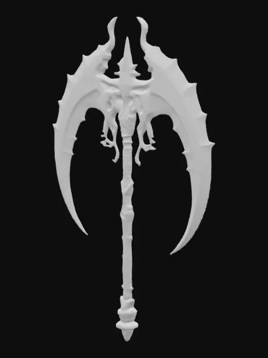 3D model for A double-edged arching broad scythe with a blade that curves so much that it almost forms a closed circular arch with a visually oppressive feel. The central structure is shaped like muscle tissue, and the shape is somewhere between an organic life form and a bony structure. game weapon, game asset, rich in details