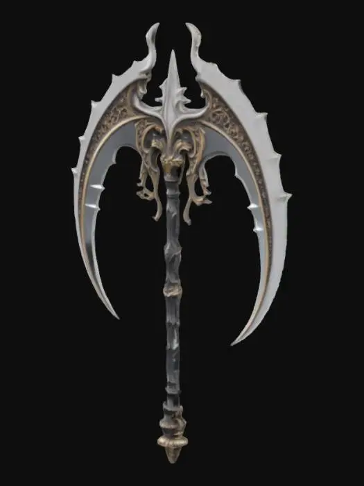 3D model for A double-edged arching broad scythe with a blade that curves so much that it almost forms a closed circular arch with a visually oppressive feel. The central structure is shaped like muscle tissue, and the shape is somewhere between an organic life form and a bony structure. game weapon, game asset, rich in details