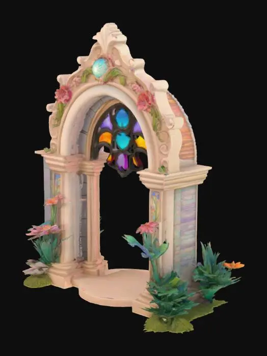 3D model for Botanical stone Arch, archway, Game Assets, Stone, Carved, hand painted, bold deep lines and edges. 
A colorful botanical stone relief arch with spring pastel nature scenes, Etched, stained glass, luminous, Carved, Polished, Highly Detailed, Ultra Realistic the inside is light and luminous and colorful all the way around, magical, fairy dust