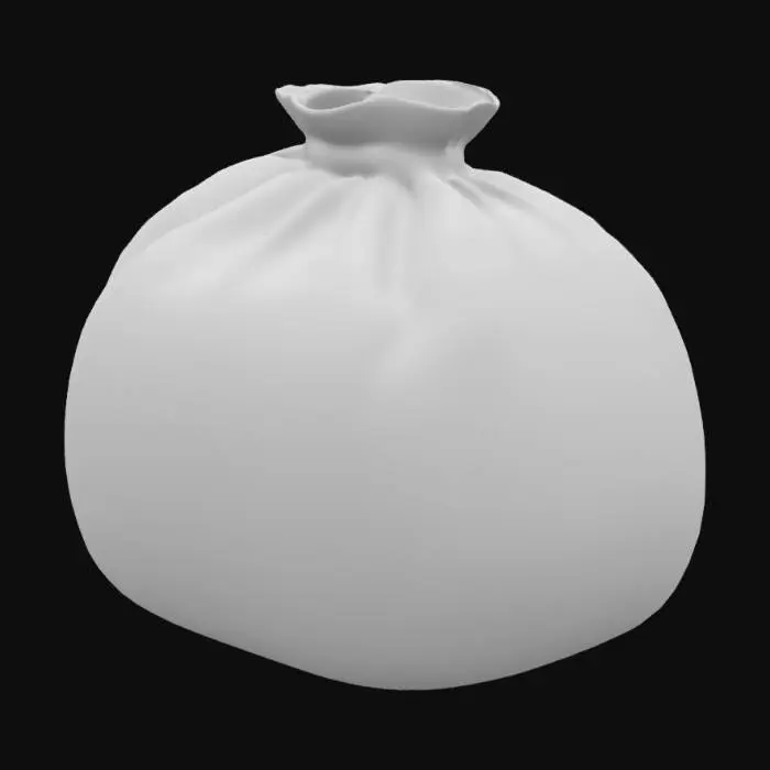 3D model for Money pouch, embroidered with diamonds and coin texture, thick red rope tied at the mouth of the pouch, rounded, with clear detailing, delicate floral pattern at the mouth of the money pouch, blue main color with green accents