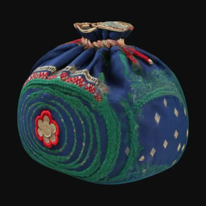 3D model for Money pouch, embroidered with diamonds and coin texture, thick red rope tied at the mouth of the pouch, rounded, with clear detailing, delicate floral pattern at the mouth of the money pouch, blue main color with green accents