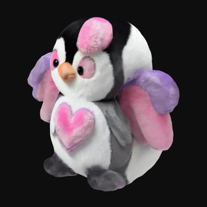 3D model for Penguin with adorable wings, black and white with pink and lavender accents, plush, a huge pink heart on top of his head, smooth material, #valentine#
