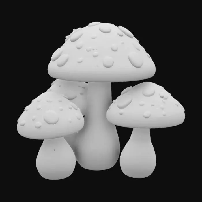 3D model for A cluster of small mushrooms with oversized heads, white dots on a red background and fluorescent ring elastic around the edges.