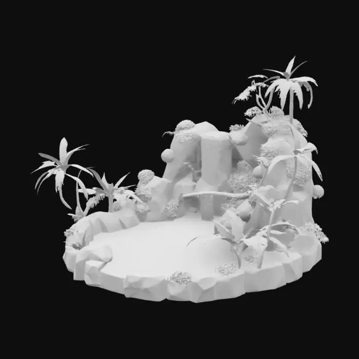 3D model for Low-poly，(incredible attention to detail),Crescent Bismuth Moon Waterfall Jungle BasE Diorama , Satin Enamel Finish  OPALINE skies 