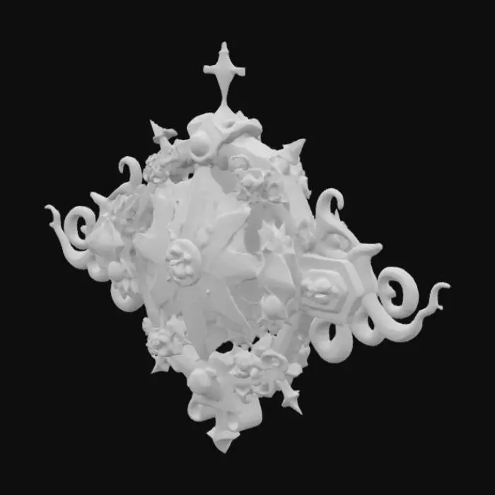 3D model for In the center is the government symbol of the Cosmopolis, a fusion of medieval-era cameo aesthetics and psychedelic surrealism, set with luminous jewels, and flanked by symmetrical stars and clouds in an unruly shape.