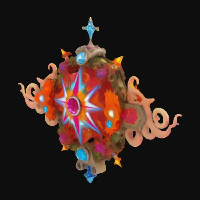 3D model for In the center is the government symbol of the Cosmopolis, a fusion of medieval-era cameo aesthetics and psychedelic surrealism, set with luminous jewels, and flanked by symmetrical stars and clouds in an unruly shape.