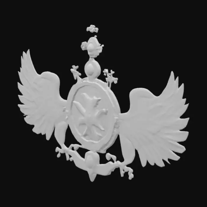 3D model for In the center is the government symbol of the city of the sky, a fusion of medieval-era cameo aesthetics and psychedelic surrealism, set with luminous jewels and flanked by symmetrical eagles in unruly shapes.