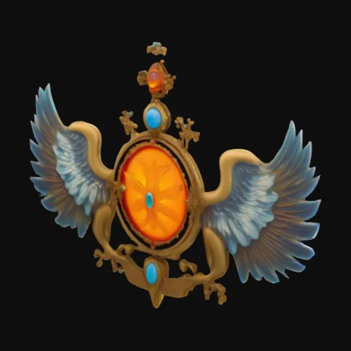3D model for In the center is the government symbol of the city of the sky, a fusion of medieval-era cameo aesthetics and psychedelic surrealism, set with luminous jewels and flanked by symmetrical eagles in unruly shapes.