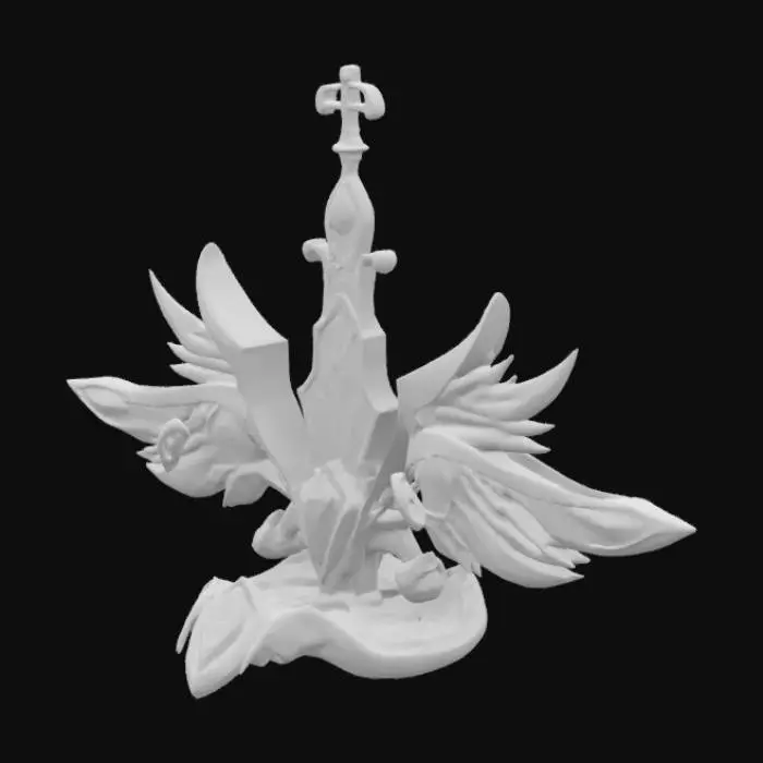 3D model for In the center is the government symbol of the city of the sky, a fusion of medieval-era cameo aesthetics and psychedelic surrealism, set with luminous jewels, and flanked by symmetrical swords in an unruly shape.