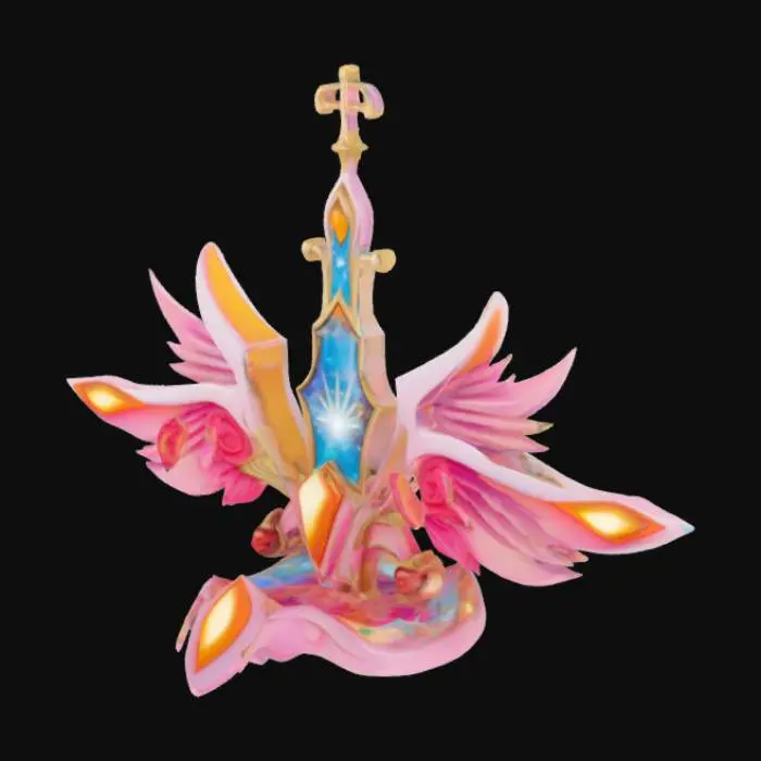 3D model for In the center is the government symbol of the city of the sky, a fusion of medieval-era cameo aesthetics and psychedelic surrealism, set with luminous jewels, and flanked by symmetrical swords in an unruly shape.