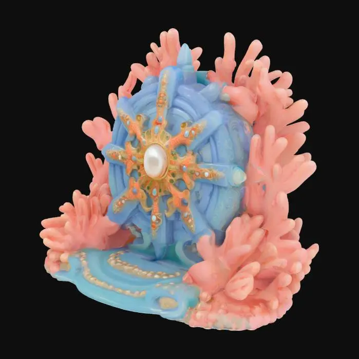 3D model for In the center is the government symbol of Ocean City, a fusion of medieval-era cameo aesthetics and psychedelic surrealism, inlaid with luminous pearls and flanked by symmetrical coral in an unruly shape.