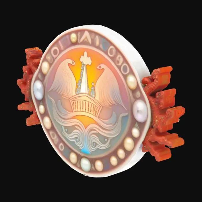 3D model for In the center is the government symbol of Ocean City, a blend of medieval-era cameo aesthetics and psychedelic surrealism, inlaid with luminous pearls and flanked by symmetrical coral.
