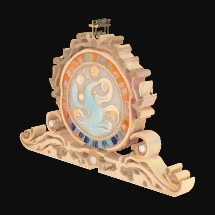 3D model for The government symbol of Ocean City, a fusion of medieval-era cameo aesthetics and psychedelic surrealism, inlaid with luminescent pearls