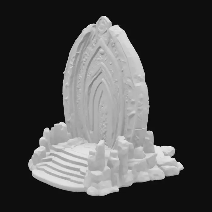 3D model for Soaring obsidian arch-back structure with gemstone patterns on ribs, onyx-inlaid throne base, light effects seeping out of cracks, botanical stone Arches, archways, glowing stained glass and gemstones, deep bold lines and edges, play assets